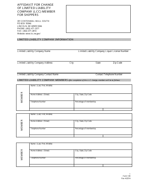 Form 139 Affidavit for Change of Limited Liability Company (Lcc) Member for Shippers - Nebraska