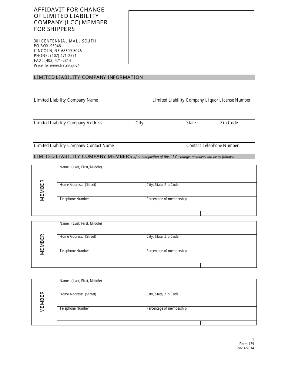 Form 139 Affidavit for Change of Limited Liability Company (Lcc) Member for Shippers - Nebraska, Page 1
