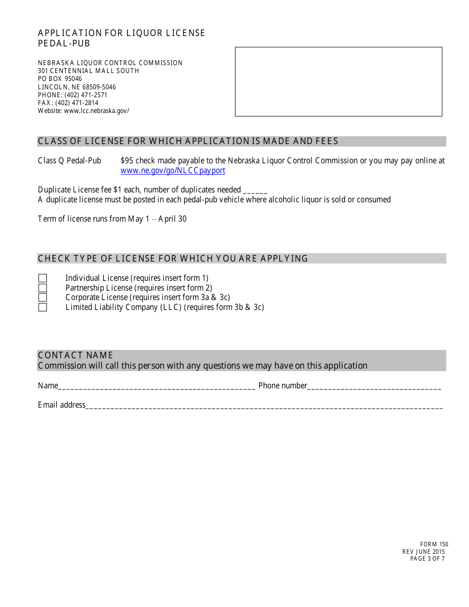 Form 150 Application for Liquor License - Pedal-Pub - Nebraska, Page 3
