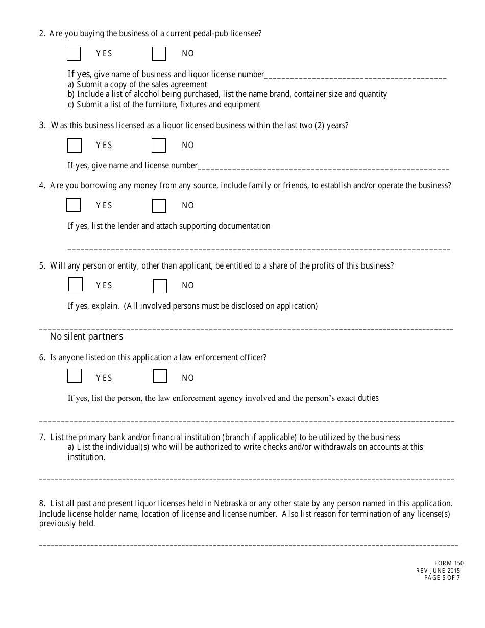 Form 150 Application for Liquor License - Pedal-Pub - Nebraska, Page 5
