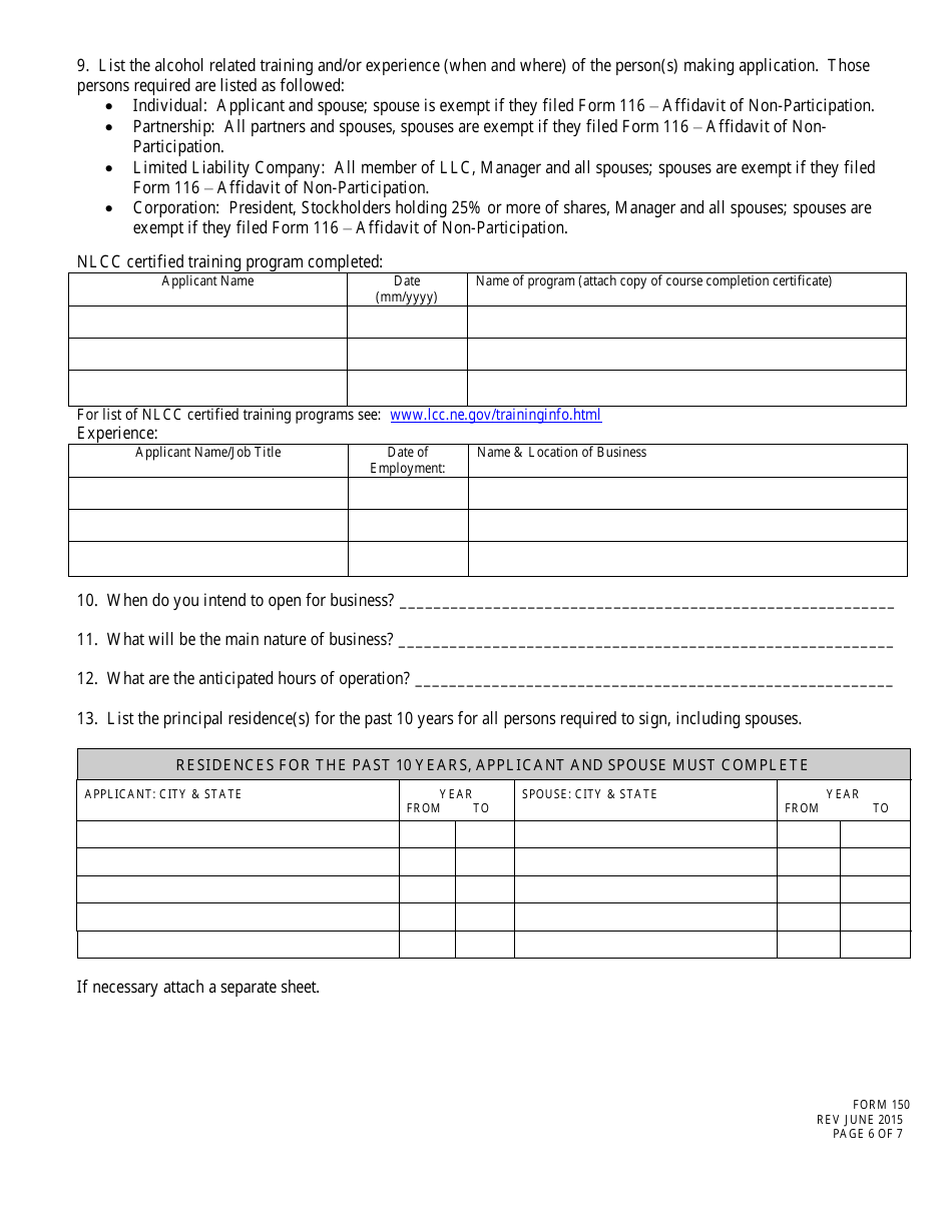 Form 150 Application for Liquor License - Pedal-Pub - Nebraska, Page 6