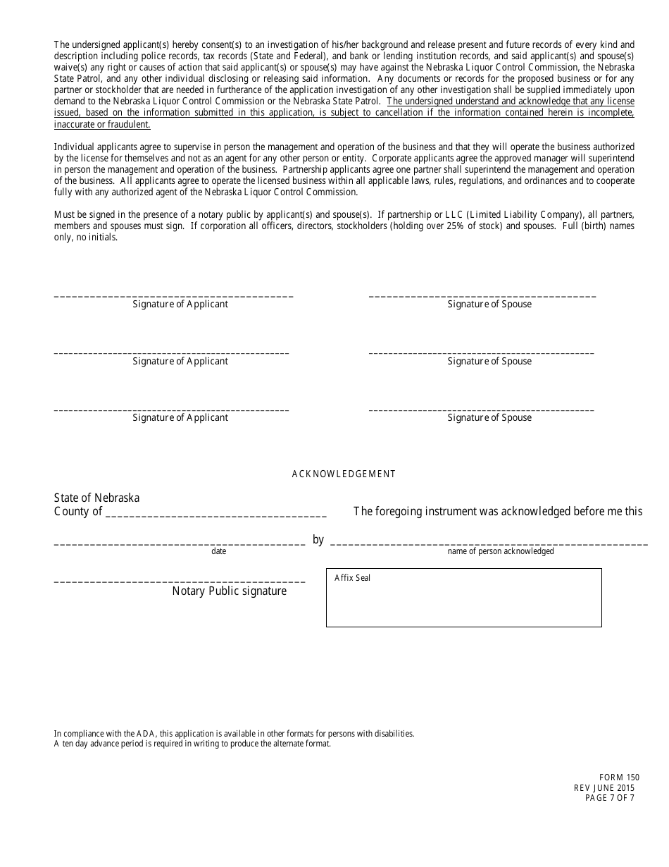 Form 150 Application for Liquor License - Pedal-Pub - Nebraska, Page 7