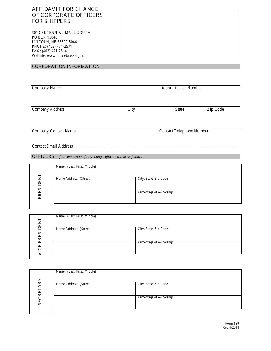 Form 152 Affidavit for Change of Corporate Officers for Shippers - Nebraska, Page 1