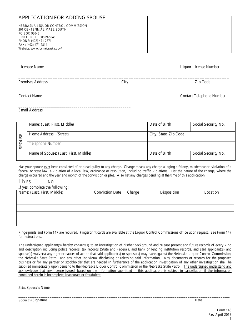Form 148 Application for Adding Spouse - Nebraska, Page 1