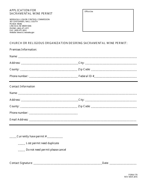 Form 170 Application for Sacramental Wine Permit - Nebraska