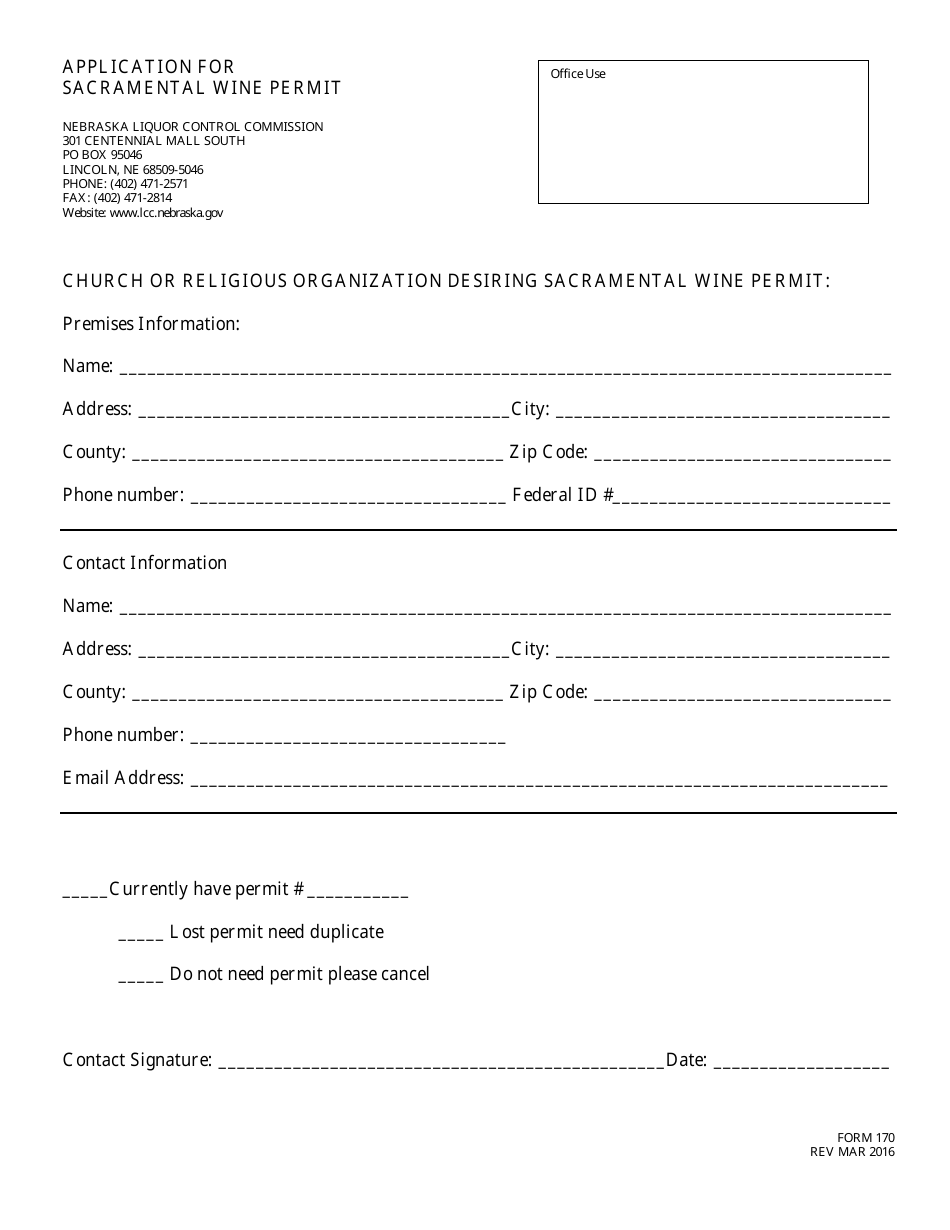 Form 170 Application for Sacramental Wine Permit - Nebraska, Page 1