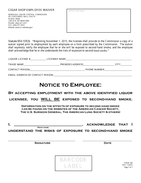 Form 180 Cigar Shop Employee Waiver - Nebraska