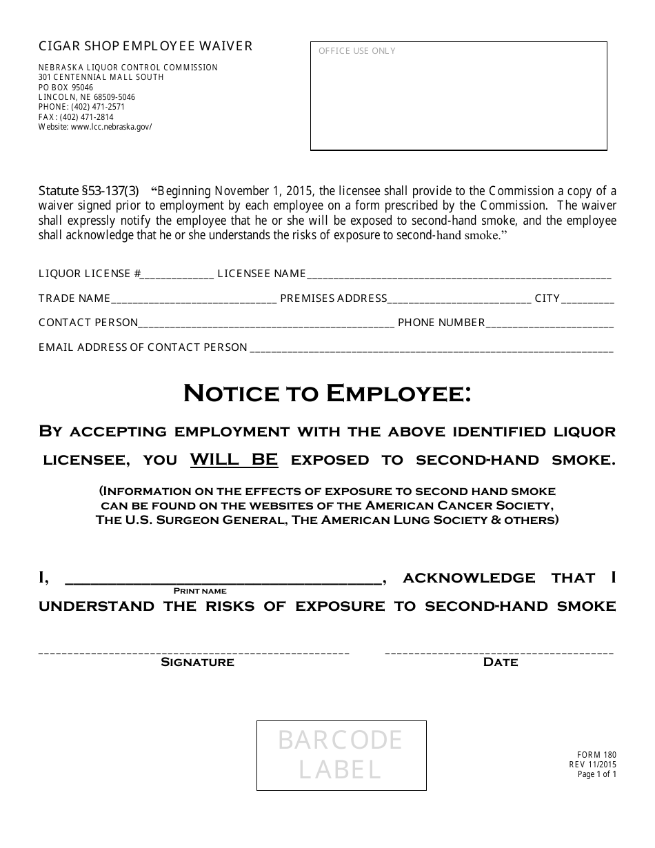Form 180 Cigar Shop Employee Waiver - Nebraska, Page 1