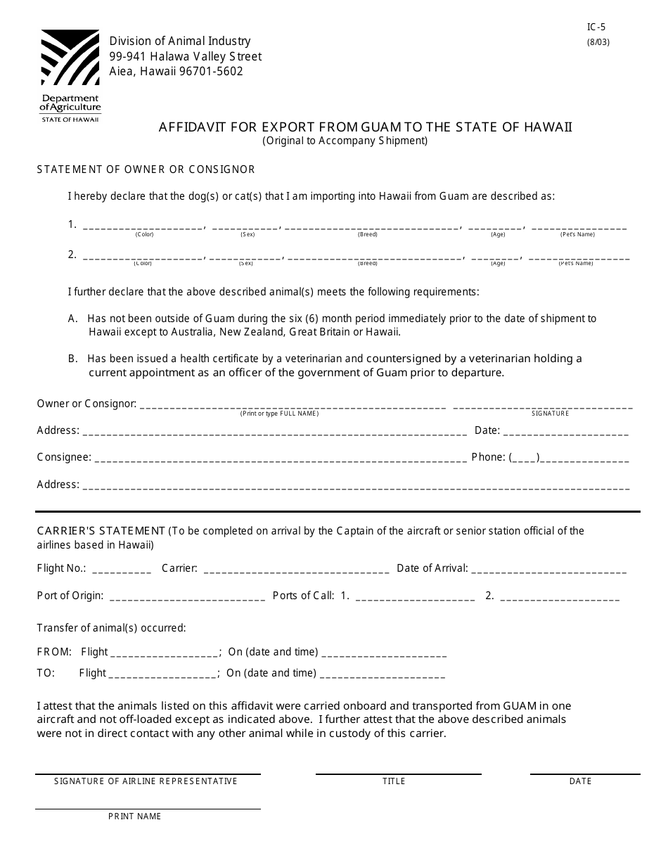 Form IC-5 Affidavit for Export From Guam to the State of Hawaii - Hawaii, Page 1