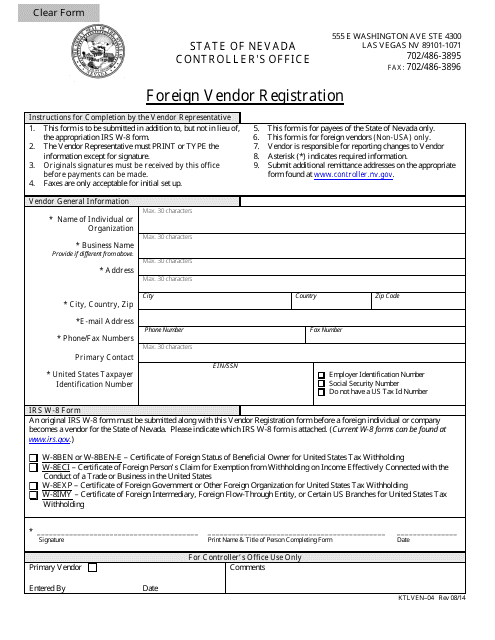 Form KTLVEN-04 Foreign Vendor Registration - Nevada