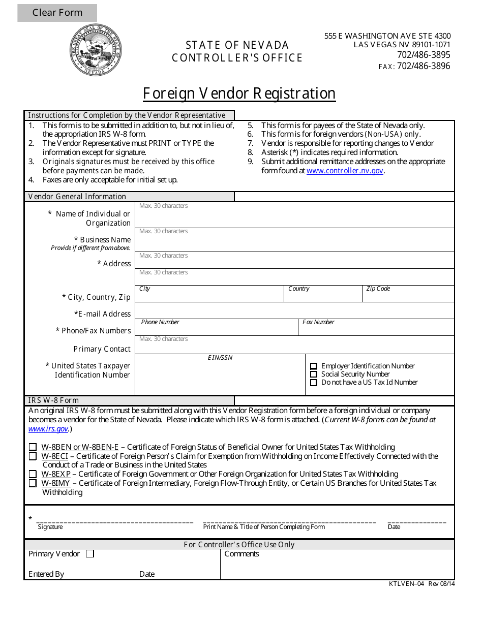 Form KTLVEN-04 Foreign Vendor Registration - Nevada, Page 1