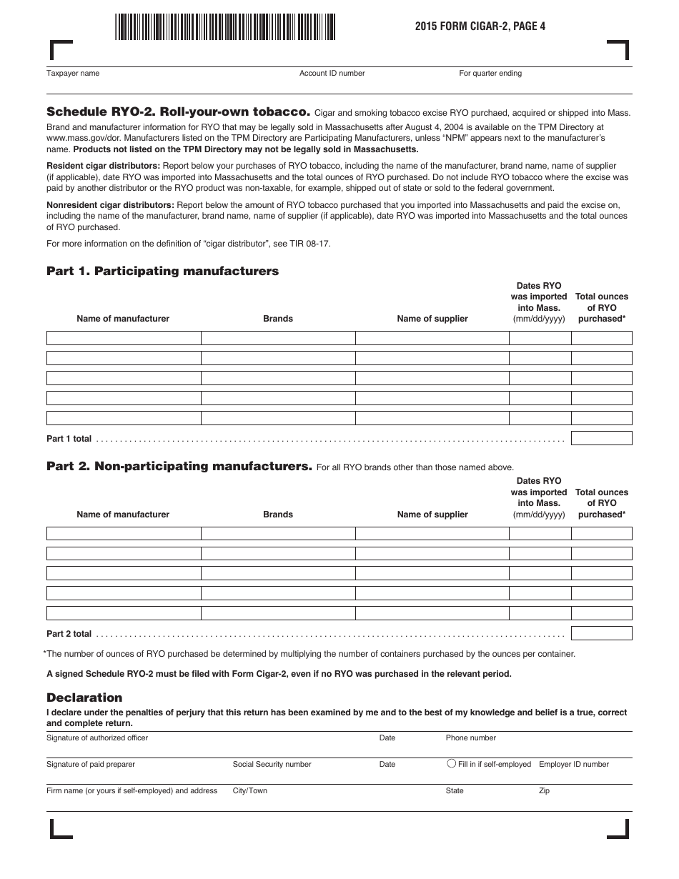 Form Cigar-2 Cigar and Smoking Tobacco Excise Return (For Transactions Occurring After September 30, 2013) - Massachusetts, Page 5