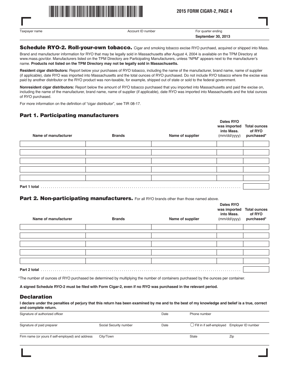 Form Cigar-2 Cigar and Smoking Tobacco Excise Return (July Through September 2013) - Massachusetts, Page 5