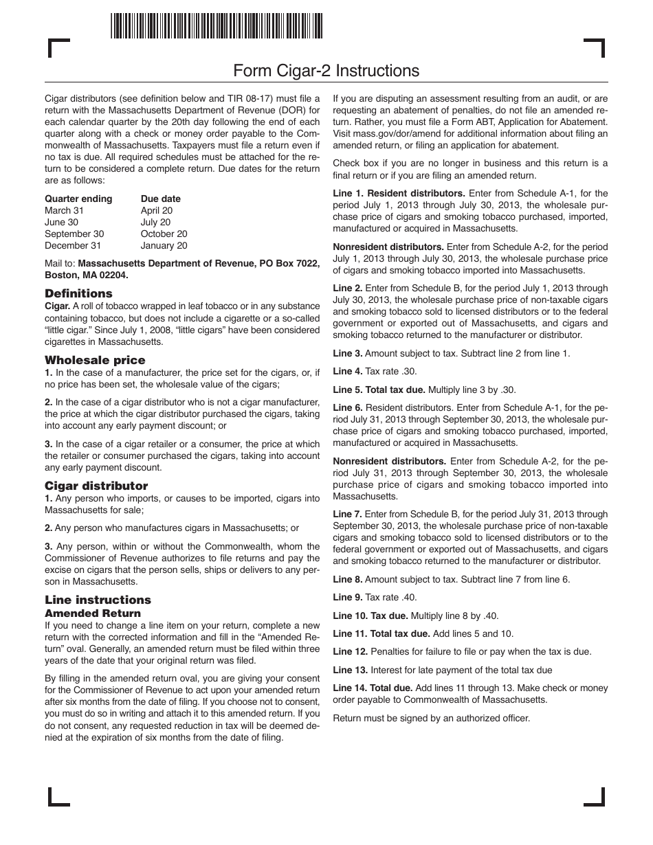 Form Cigar-2 Cigar and Smoking Tobacco Excise Return (July Through September 2013) - Massachusetts, Page 6