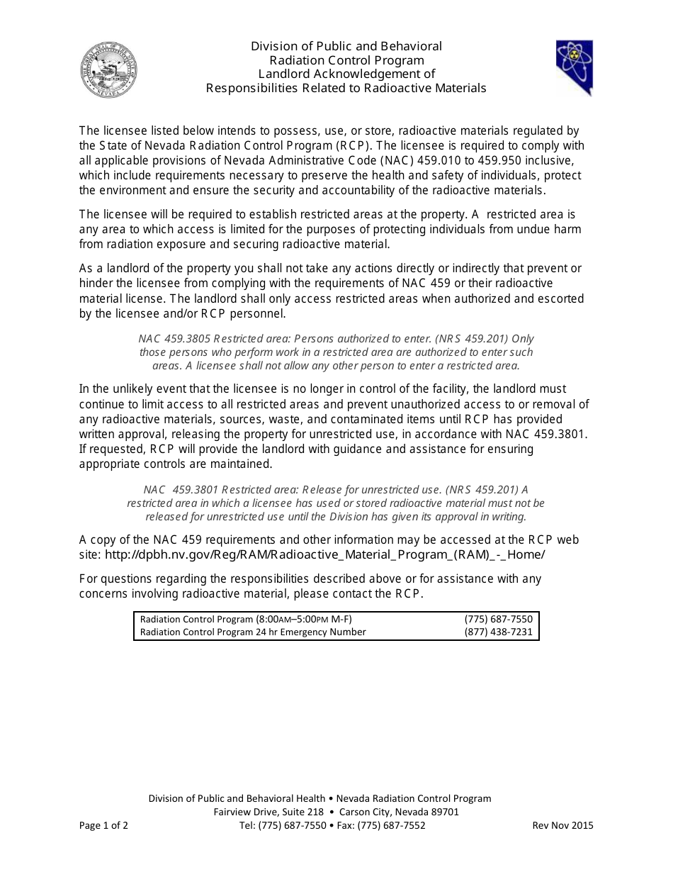 Landlord Acknowledgement of Responsibilities Related to Radioactive Materials - Nevada, Page 1