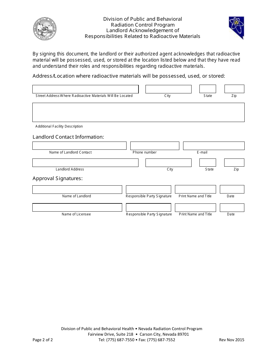 Landlord Acknowledgement of Responsibilities Related to Radioactive Materials - Nevada, Page 2