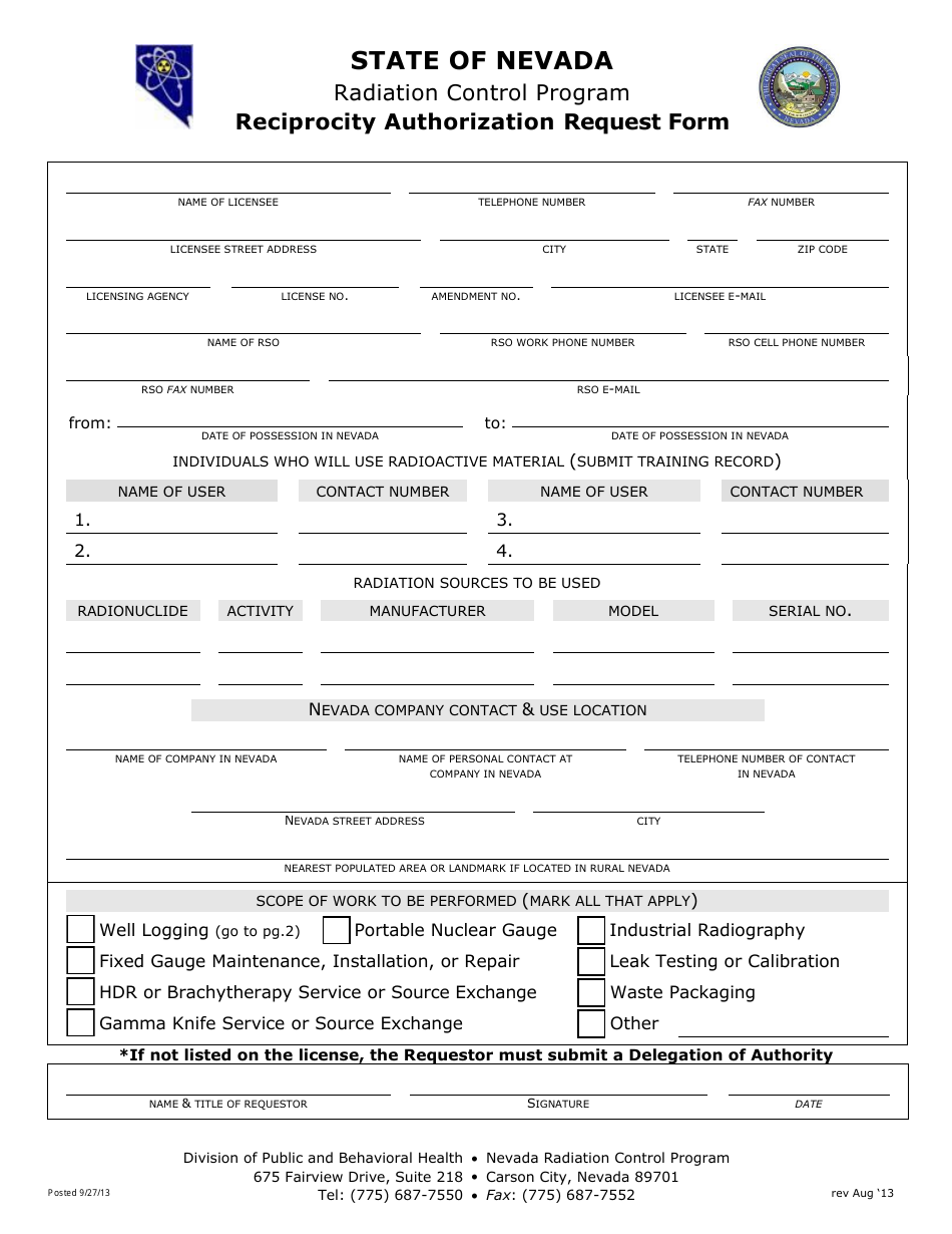 Reciprocity Authorization Request Form - Nevada, Page 1