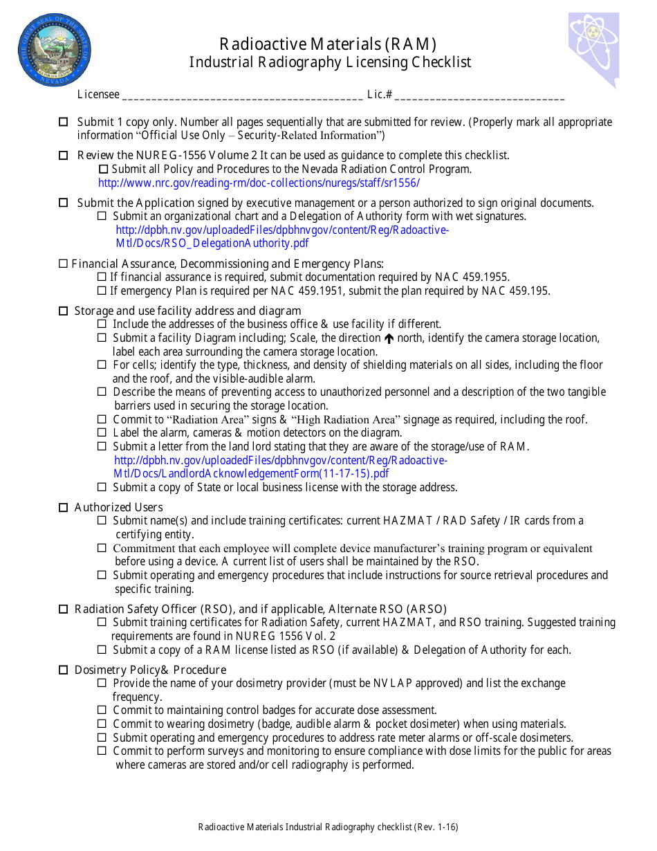 Nevada Industrial Radiography Licensing Checklist Download Fillable PDF ...