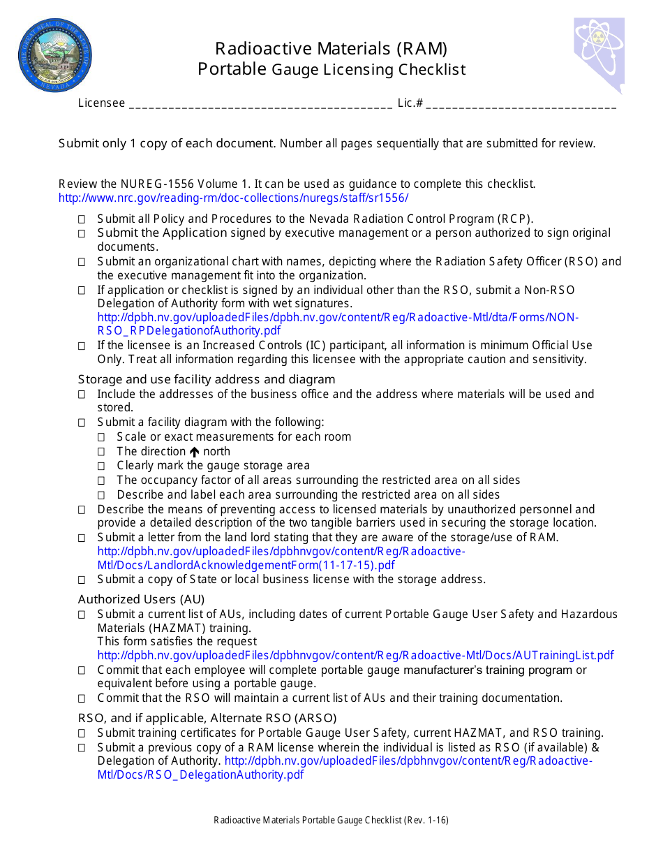 Portable Gauge Licensing Checklist - Nevada, Page 1