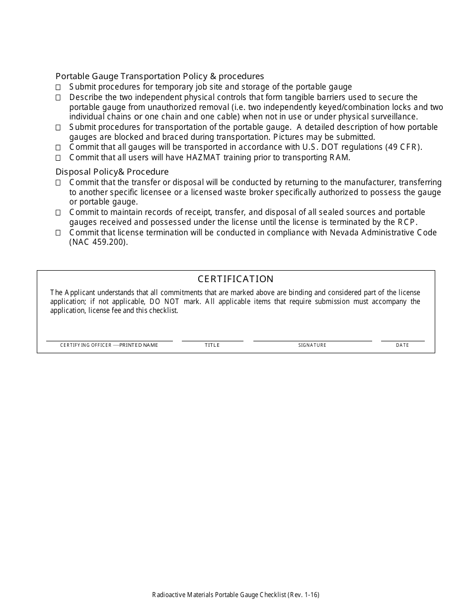 Portable Gauge Licensing Checklist - Nevada, Page 3