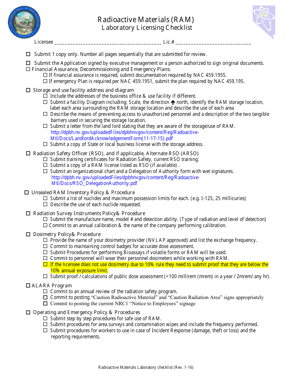 Laboratory Licensing Checklist - Nevada, Page 1