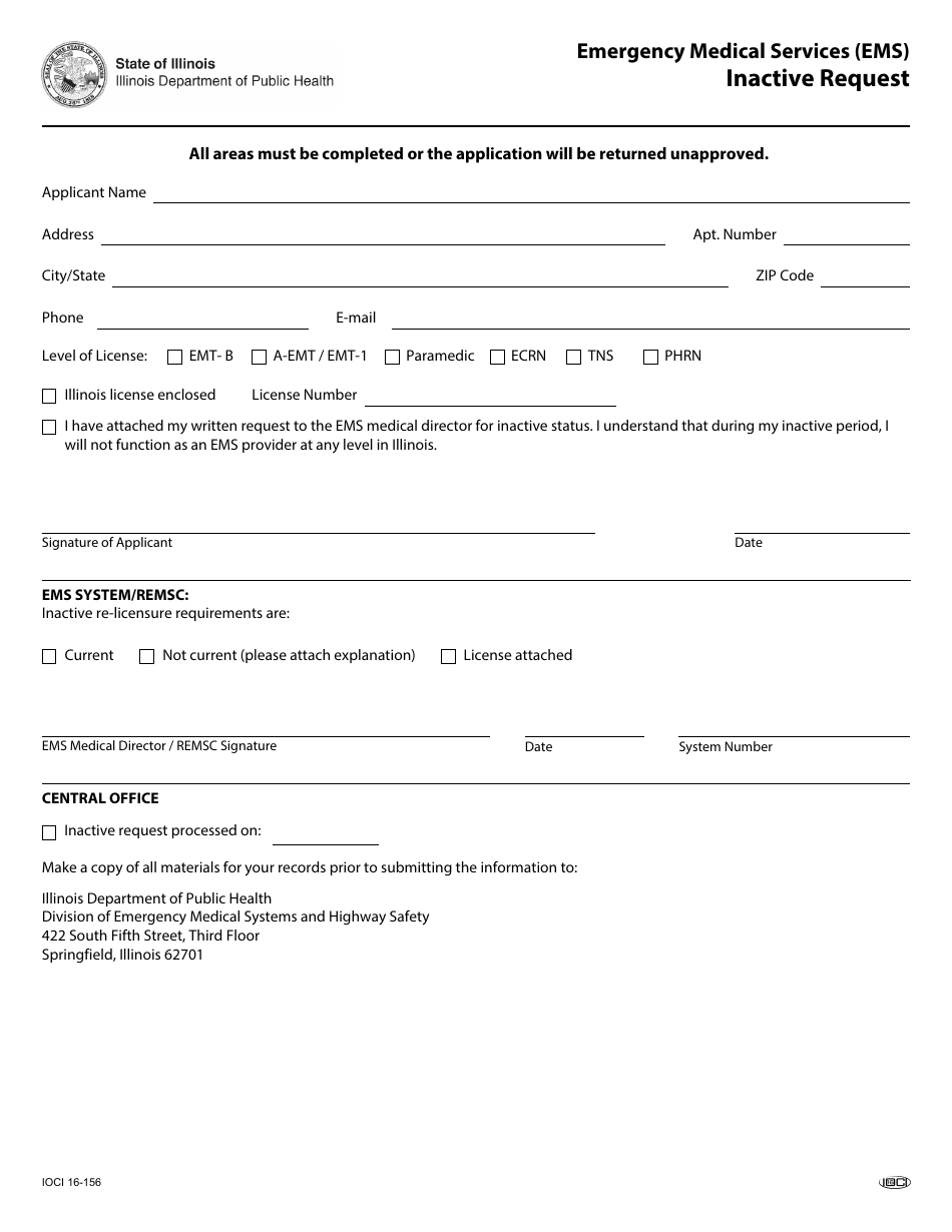 Form IOCI16-156 Emergency Medical Services (EMS) Inactive Request - Illinois, Page 1