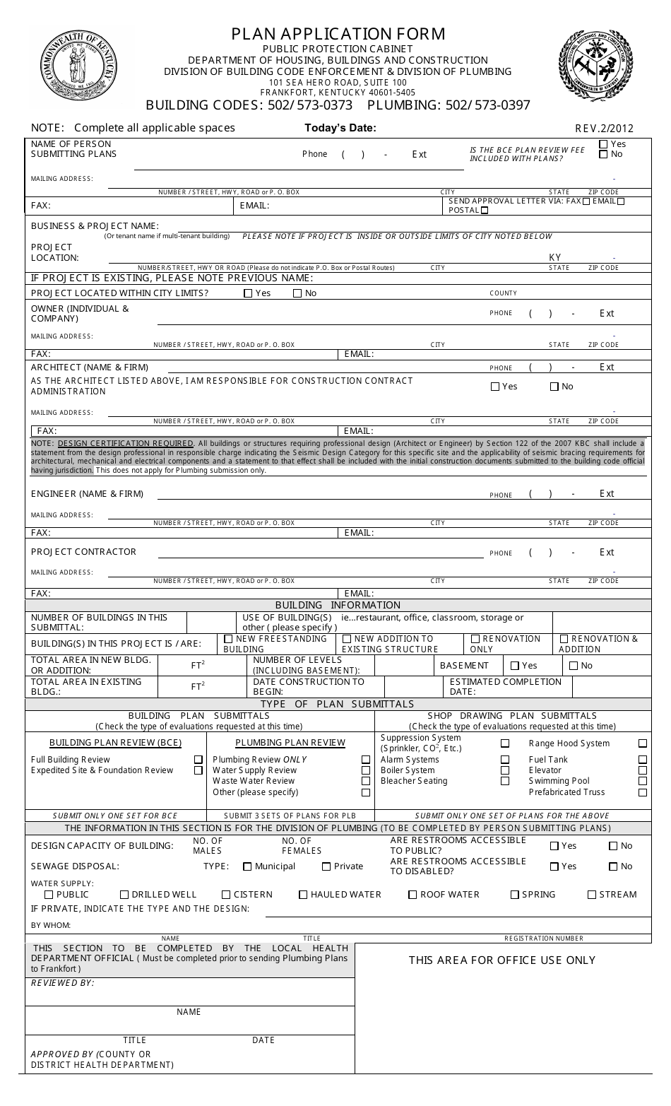Plan Application Form - Kentucky, Page 1