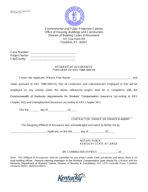 Form HBC50-11 Affidavit of Assurances Pursuant of Krs 198b.060(10) - Kentucky