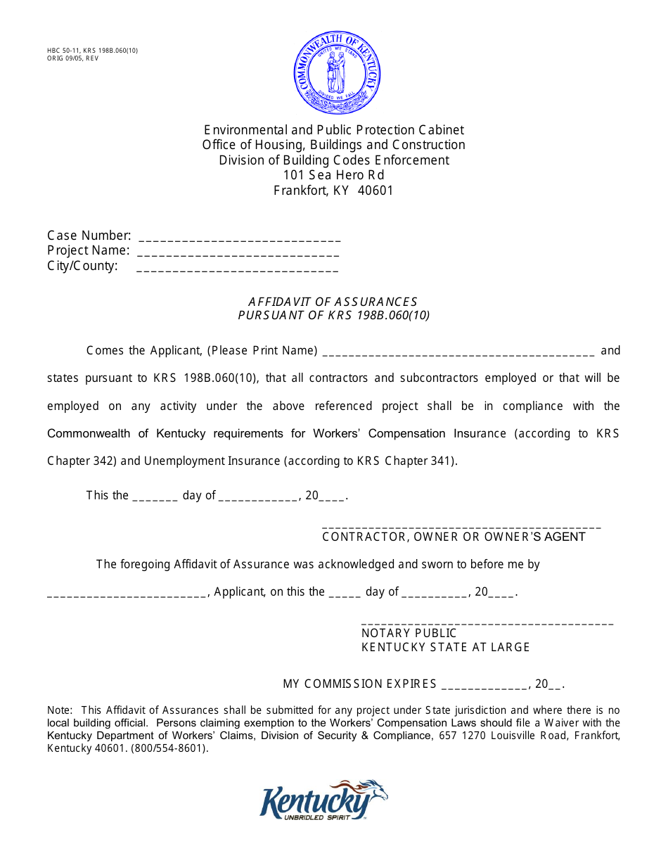 Form HBC50-11 Affidavit of Assurances Pursuant of Krs 198b.060(10) - Kentucky, Page 1