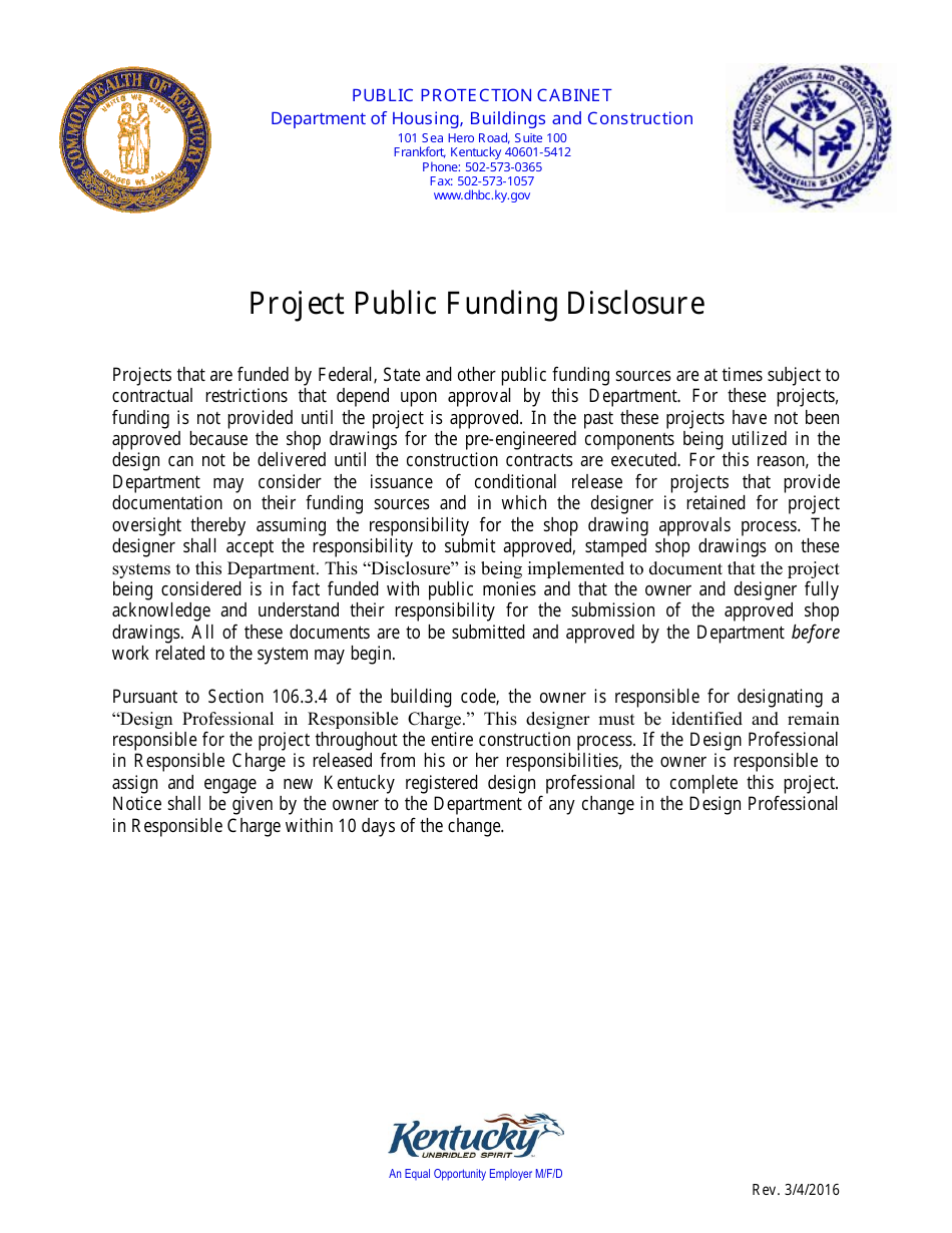 Project Public Funding Disclosure Form - Kentucky, Page 1