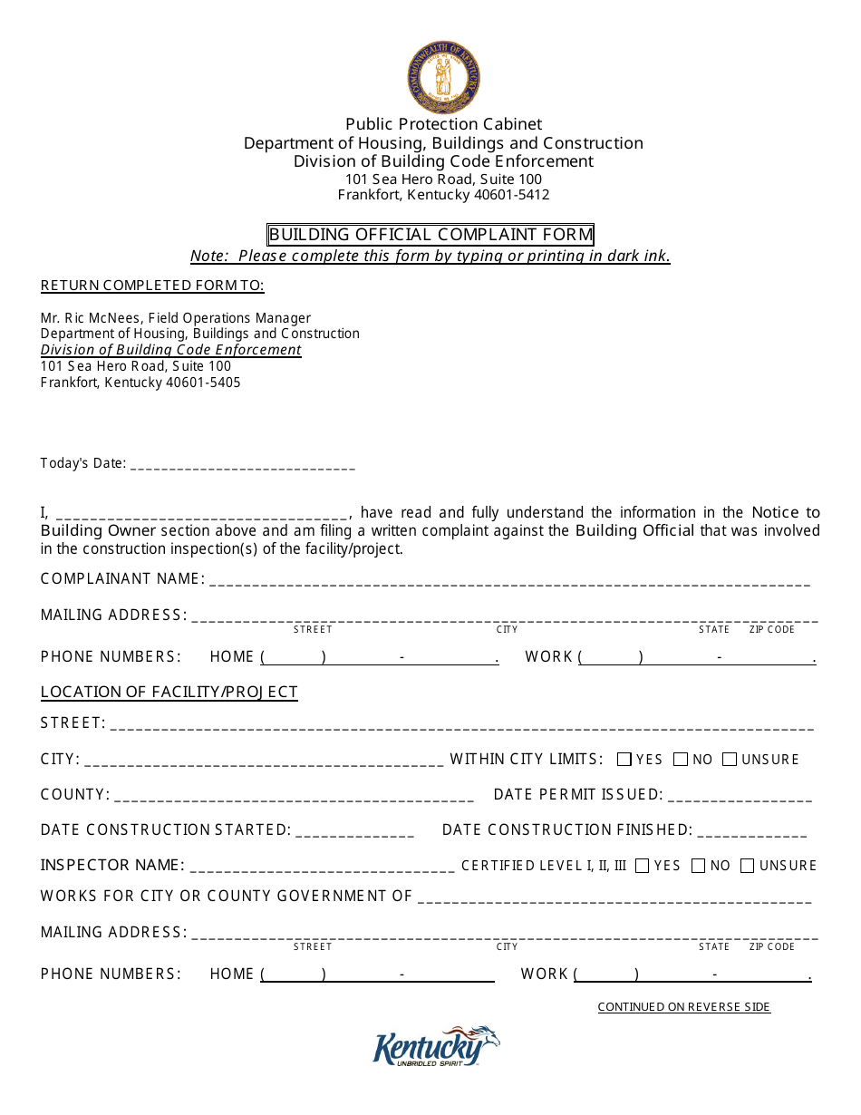 Building Official Complaint Form - Kentucky, Page 1