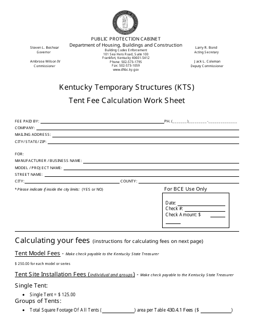 Kentucky Temporary Structures Tent Fee Calculation Work Sheet - Kentucky