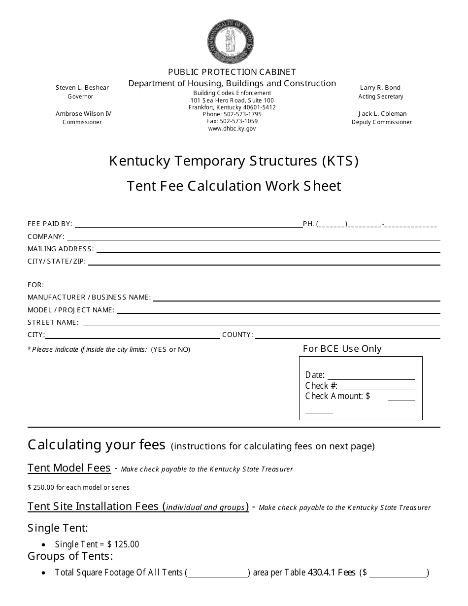 Kentucky Temporary Structures Tent Fee Calculation Work Sheet - Kentucky, Page 1