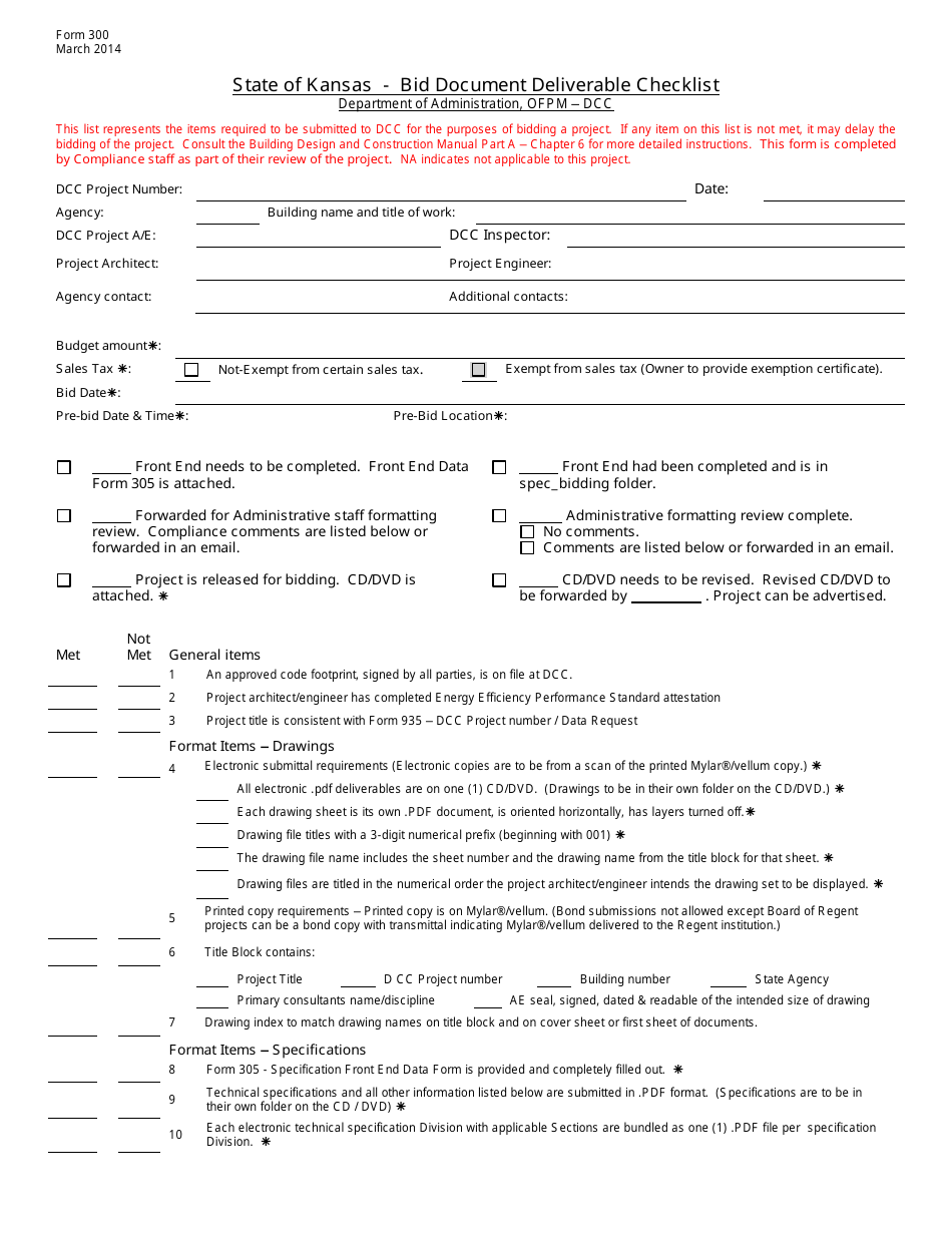 Form 300 Bid Document Deliverable Checklist - Kansas, Page 1