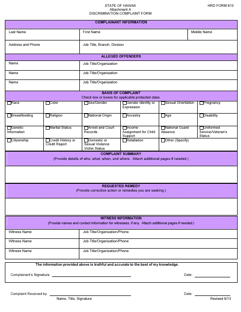 HRD Form HRD613 Attachment A Discrimination Complaint Form - Hawaii
