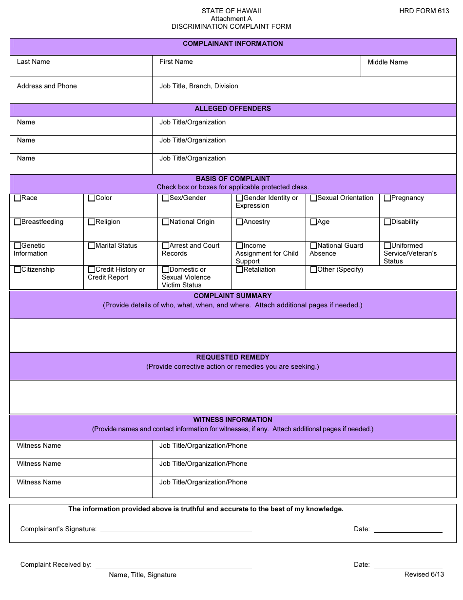 HRD Form HRD613 Attachment A - Fill Out, Sign Online and Download ...