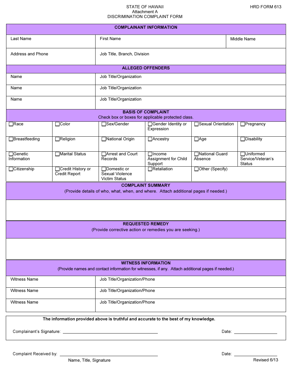 HRD Form HRD613 Attachment A Discrimination Complaint Form - Hawaii, Page 1