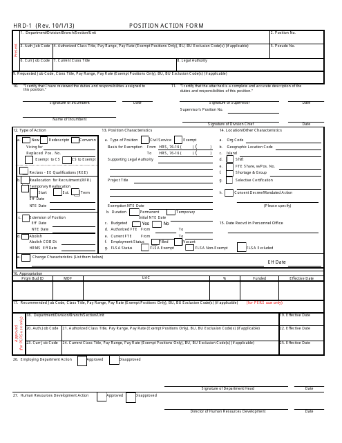 HRD Form HRD-1 Position Action Form - Hawaii