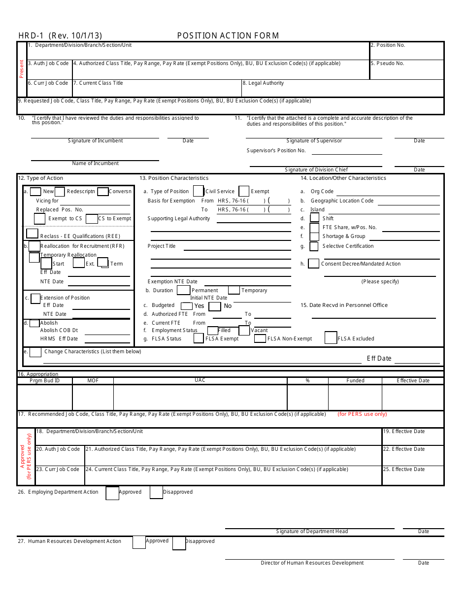 HRD Form HRD-1 Position Action Form - Hawaii, Page 1
