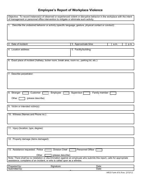 HRD Form 416 Employee's Report of Workplace Violence - Hawaii