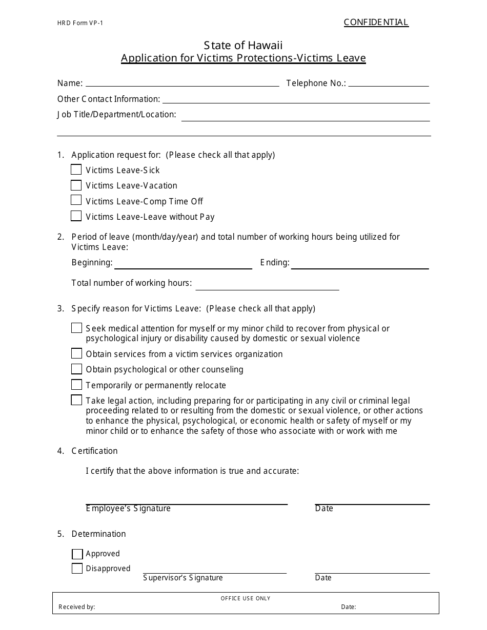 HRD Form VP-1 Application for Victims Protections - Victims Leave - Hawaii, Page 1
