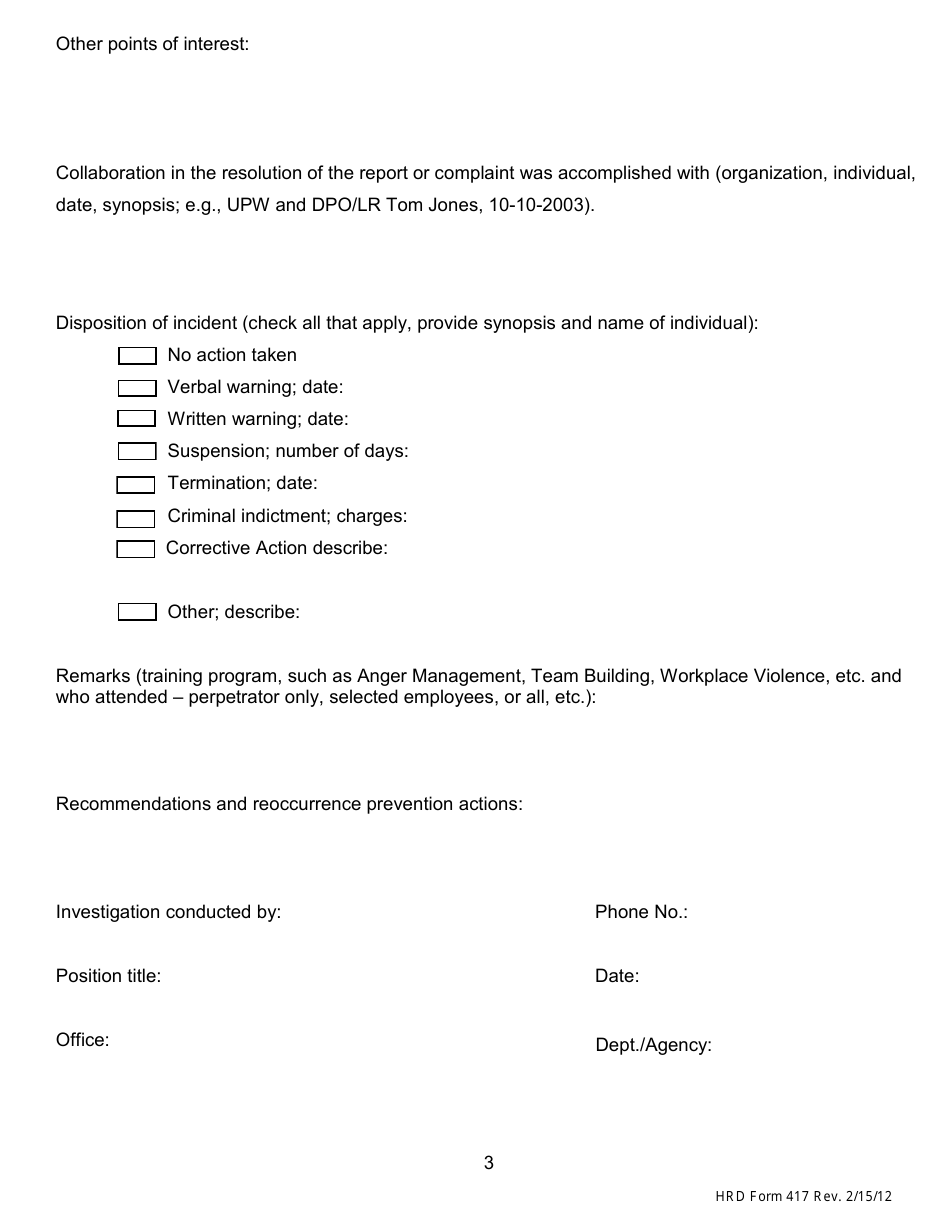 HRD Form 417 Investigators Summary Record - Hawaii, Page 3