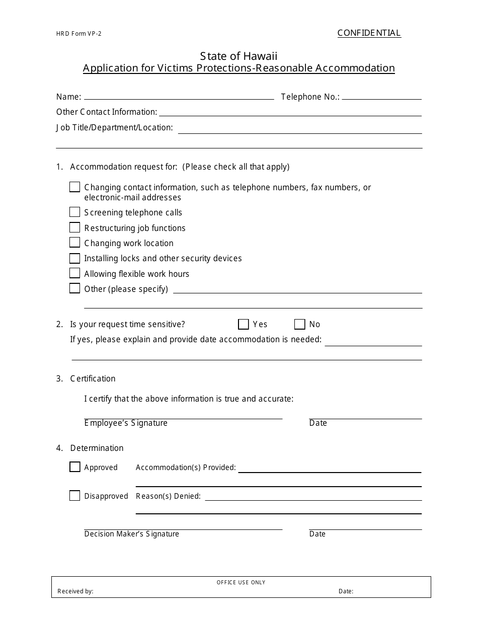 HRD Form VP-2 Application for Victims Protections - Reasonable Accommodation - Hawaii, Page 1
