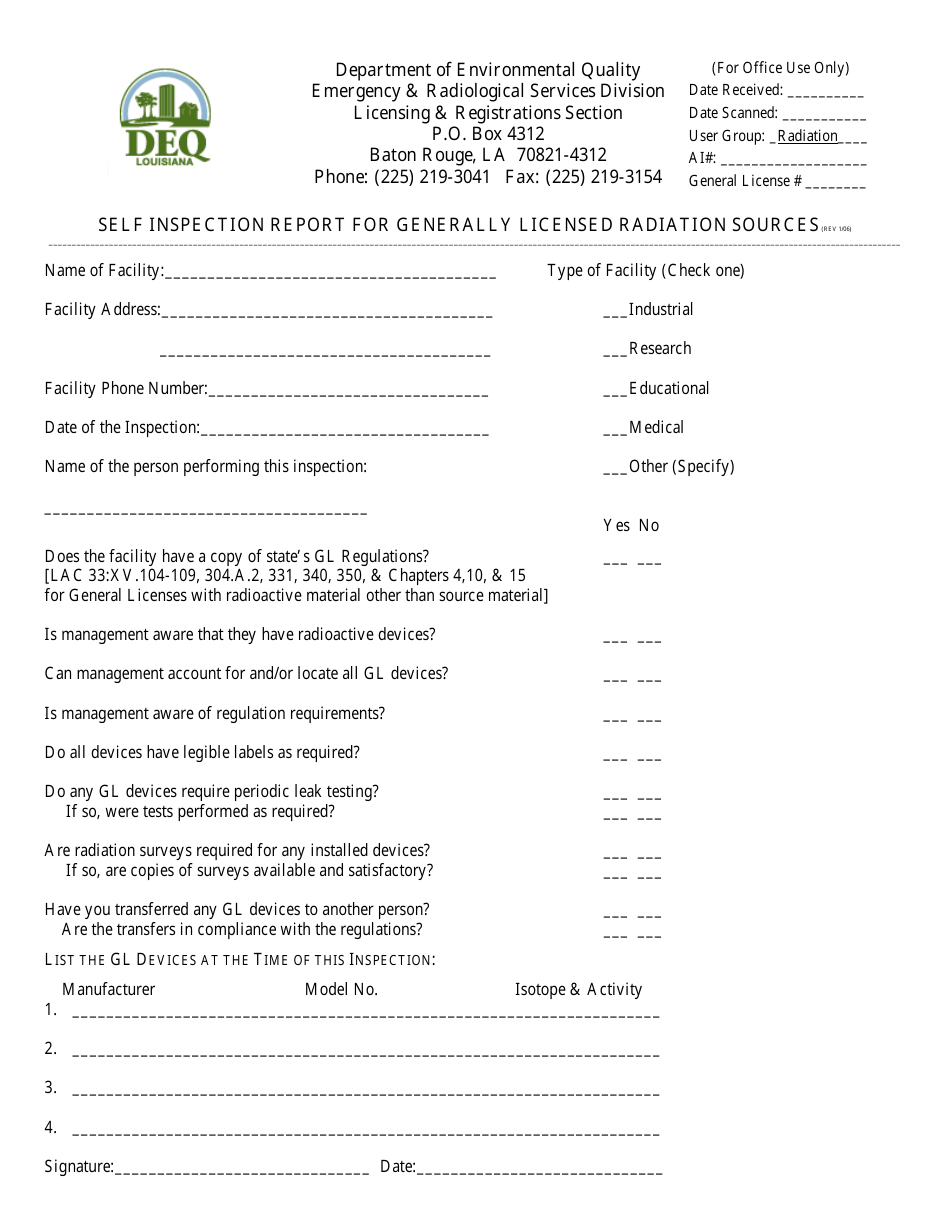 Louisiana Self Inspection Report for Generally Licensed Radiation