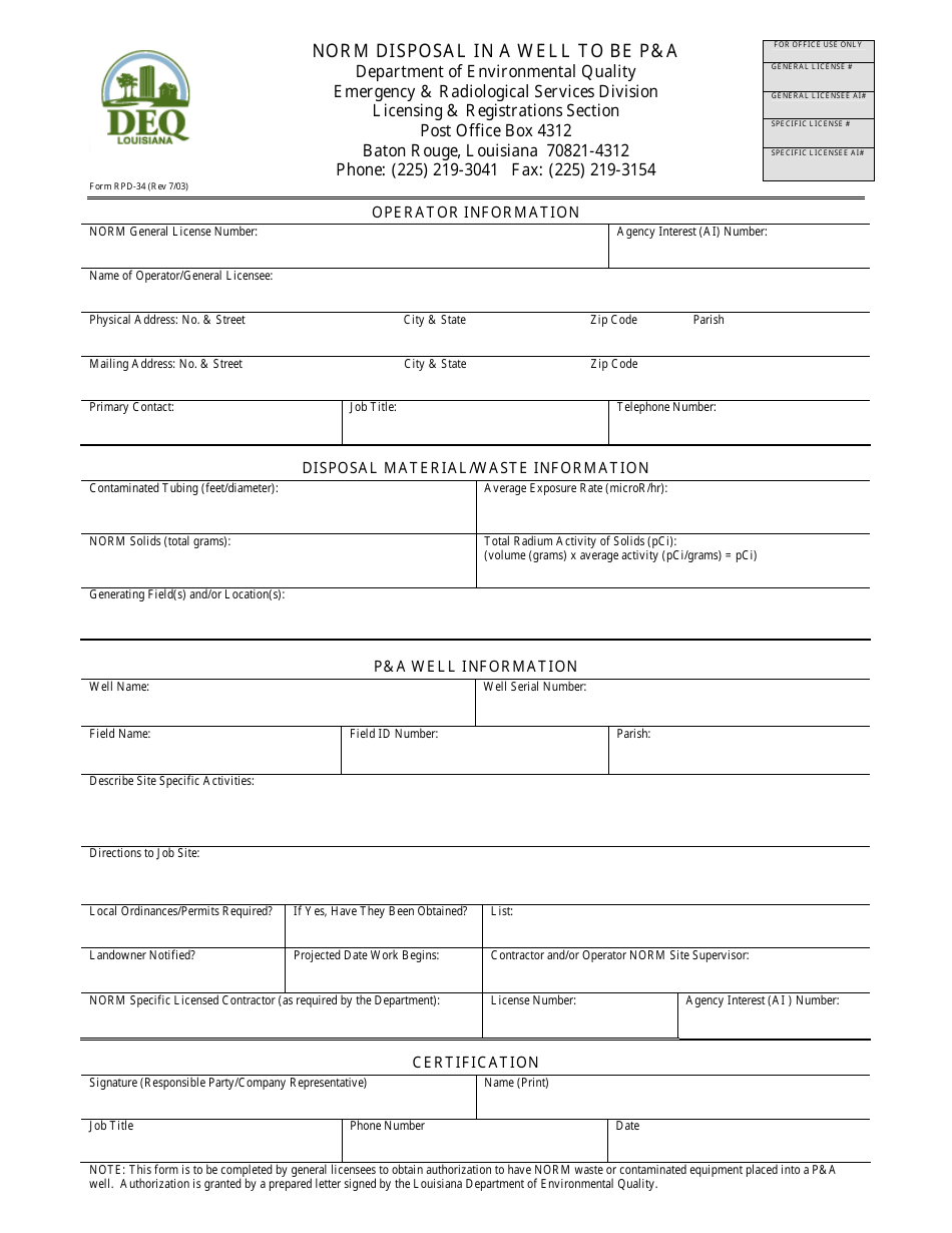 Form RPD-34 Norm Disposal in a Well to Be Pa - Louisiana, Page 1