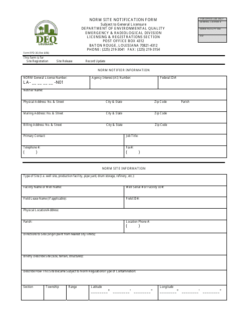 Form RPD-36 Norm Site Notification Form - Louisiana