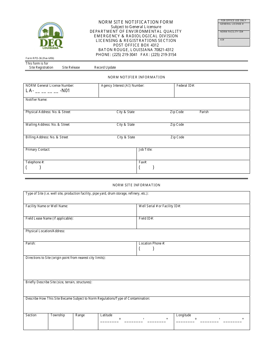 Form RPD-36 Norm Site Notification Form - Louisiana, Page 1