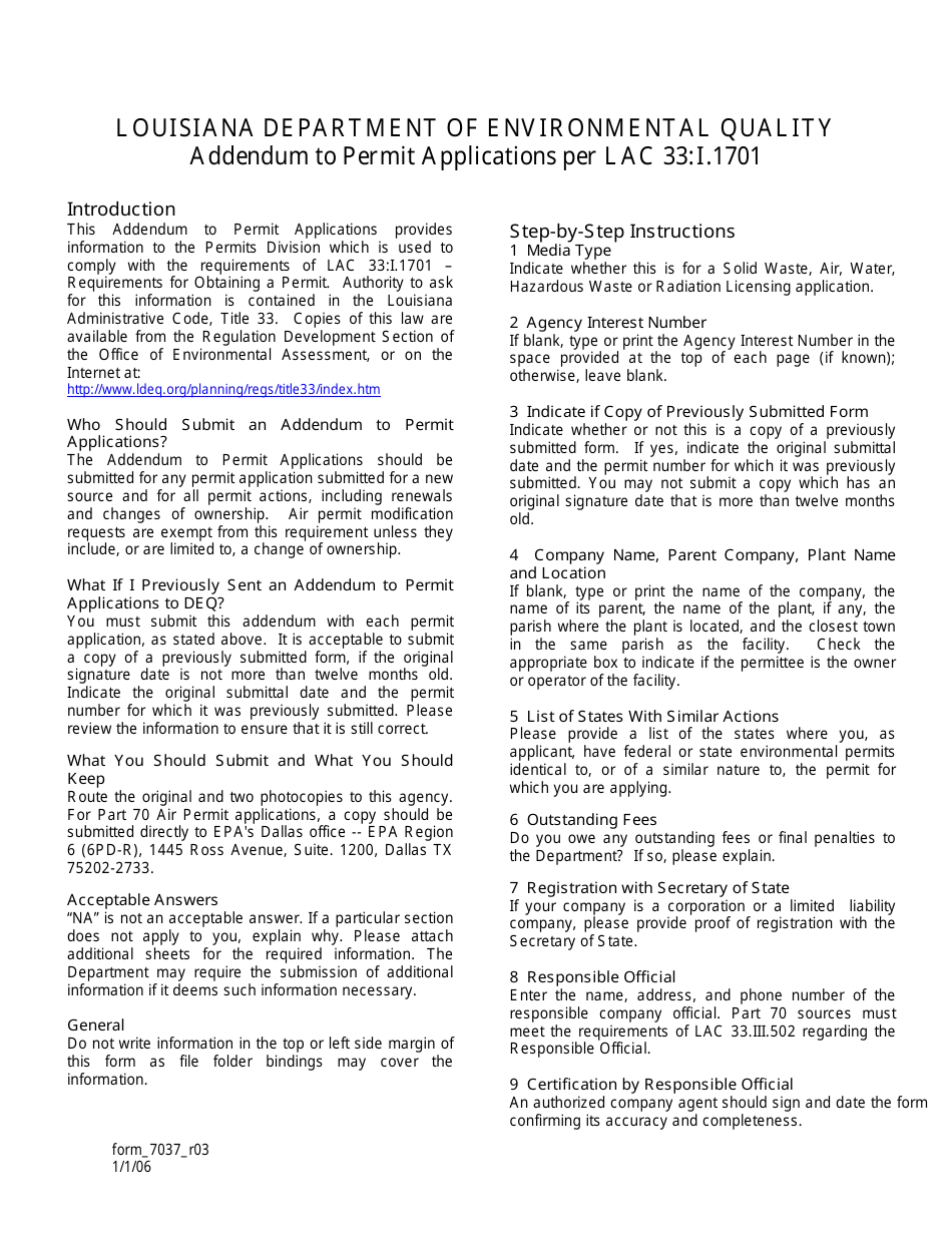 Form 7037 Addendum to Permit Applications Per Lac 33:i.1701 - Louisiana, Page 1