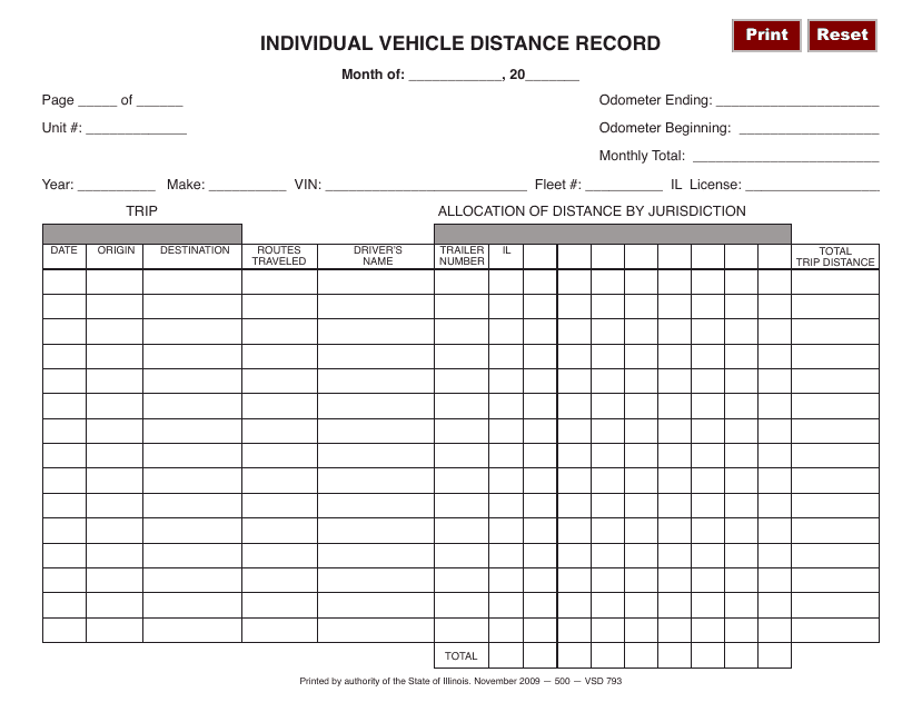 Form VSD793 Individual Vehicle Distance Record - Illinois