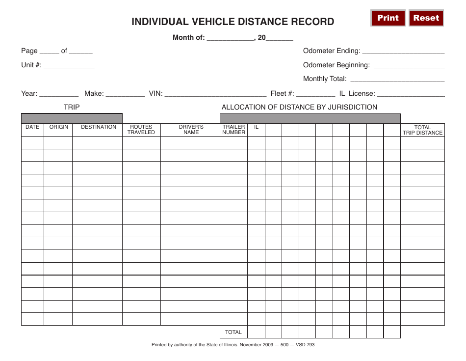 Form VSD793 Individual Vehicle Distance Record - Illinois, Page 1